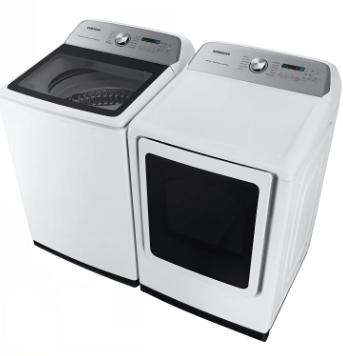 Samsung 28” 4.7 Cu. Ft. Top Load Washer & 7.4 Cu. Ft. Electric Dryer Laundry Pair WA47CG3500AW / DVE54CG7150WA3 – High Efficiency Smart Electric Set