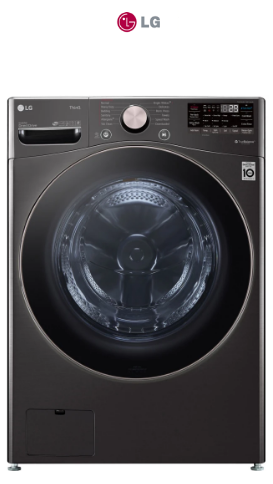 LG 27” Front Load Washer & Gas Dryer Laundry Pair in Black Steel featuring a 4.5 Cu. Ft. washer and 7.4 Cu. Ft. dryer with ColdWash and TrueSteam technology for powerful cleaning, wrinkle reduction, and energy-efficient performance.