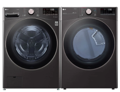 LG 27” Front Load Washer & Gas Dryer Laundry Pair in Black Steel featuring a 4.5 Cu. Ft. washer and 7.4 Cu. Ft. dryer with ColdWash and TrueSteam technology for powerful cleaning, wrinkle reduction, and energy-efficient performance.