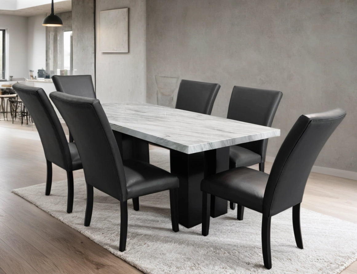 1220 PU Black - (FAUX MARBLE) Dining Table + 6 Chair Set