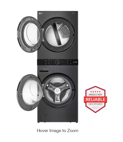WashTower Stacked SMART Laundry Center 4.5 Cu.Ft. Front Load Washer & 7.4 Cu.Ft. Electric Dryer in Black Steel w/ Steam WKEX200HBA