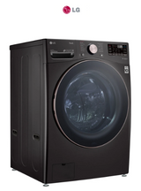 LG 27” Front Load Washer & Gas Dryer Laundry Pair in Black Steel featuring a 4.5 Cu. Ft. washer and 7.4 Cu. Ft. dryer with ColdWash and TrueSteam technology for powerful cleaning, wrinkle reduction, and energy-efficient performance.