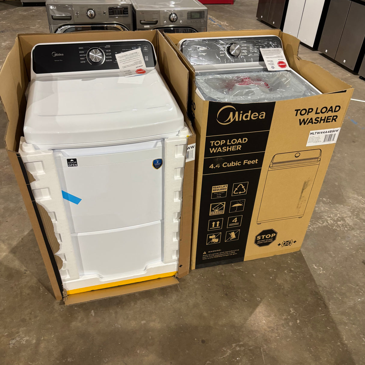 Midea Side-by-Side Top Load Washer and Electric Dryer Set in White