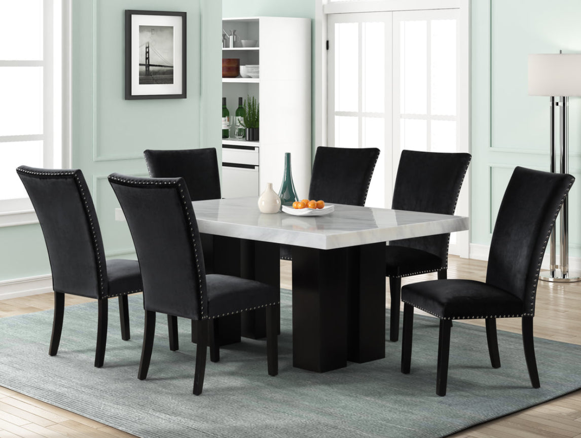 1220 Black - (FAUX MARBLE) Dining Table + 6 Chair Set