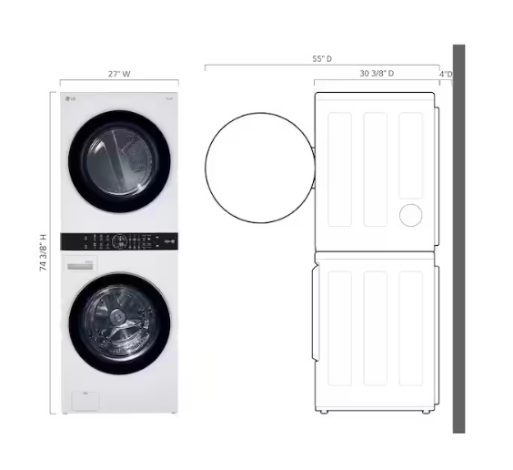LG WashTower Stacked SMART Laundry Center 4.5 Cu.Ft. Front Load Washer & 7.4 Cu.Ft. Gas Dryer in White WKG101HWA