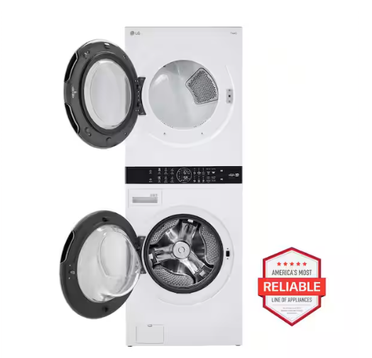 LG WashTower Stacked SMART Laundry Center 4.5 Cu.Ft. Front Load Washer & 7.4 Cu.Ft. Gas Dryer in White WKG101HWA